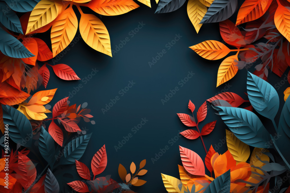 Frame with paper autumnal foliage. Space for text.
