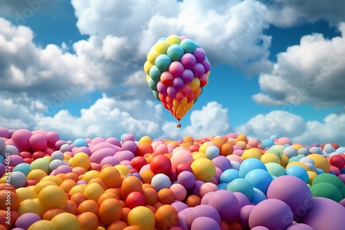 Colorful balloons flying in the blue sky. 3D illustration.