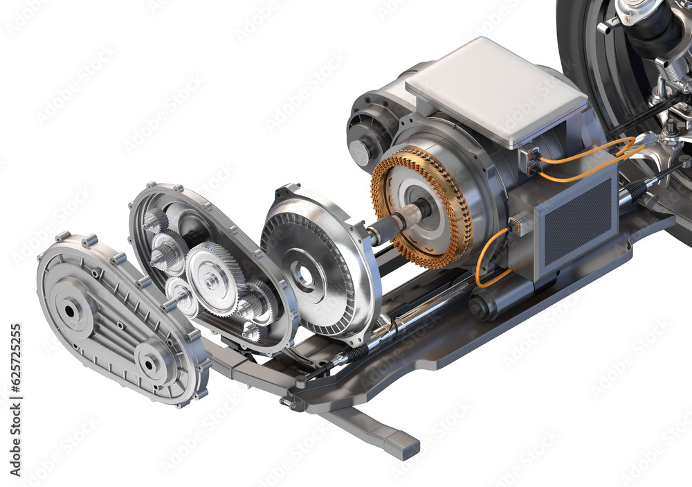 Exploded view of Electric Vehicle Motor mounted on chassis. 3D