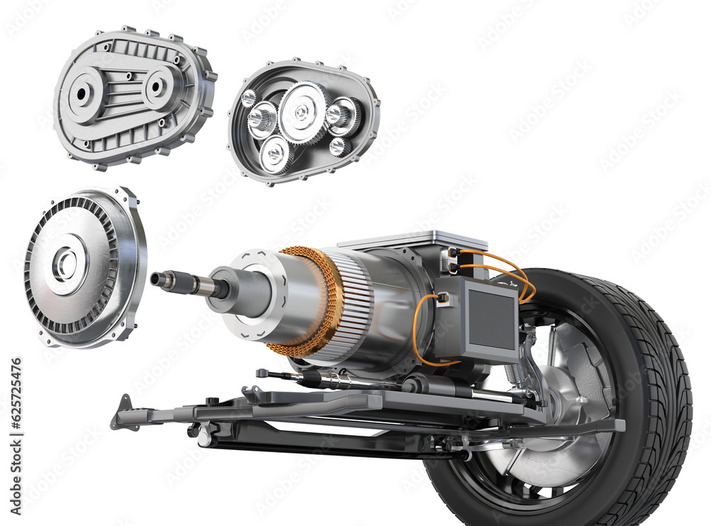 Exploded view of Electric Vehicle Motor mounted on chassis. 3D