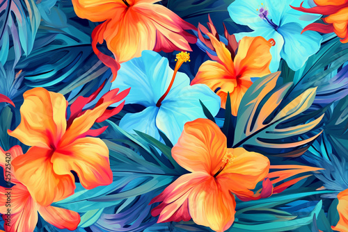 Seamless pattern with tropical flowers and leaves. Vector illustration.