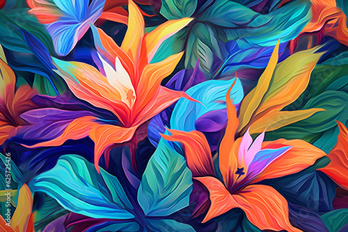 Seamless pattern with tropical flowers and leaves. Vector illustration.