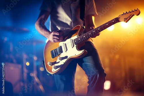 Guitarist playing on electric guitar in nightclub, close-up