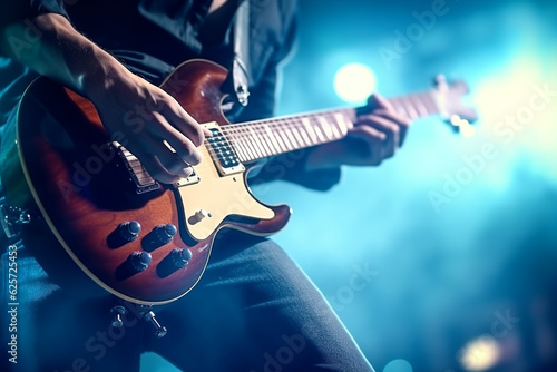 Guitarist playing on electric guitar in nightclub, close-up