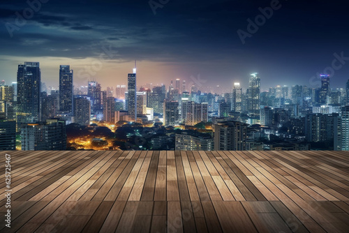 Wood floor and cityscape of at night,