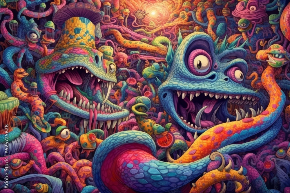 Illustration of vivid and psychedelic sankes. The background consists of a kaleidoscope of colors, enhancing the lively and whimsical atmosphere. Generative AI Illustration of vivid and psychedelic sankes. The background consists of a kaleidoscope of colors, enhancing the lively and whimsical atmosphere. Generative AI
