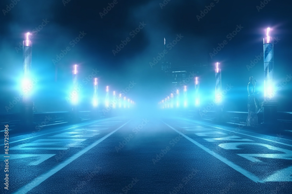 Night scene with neon lights, street and road. 3d rendering Night scene with neon lights, street and road. 3d rendering