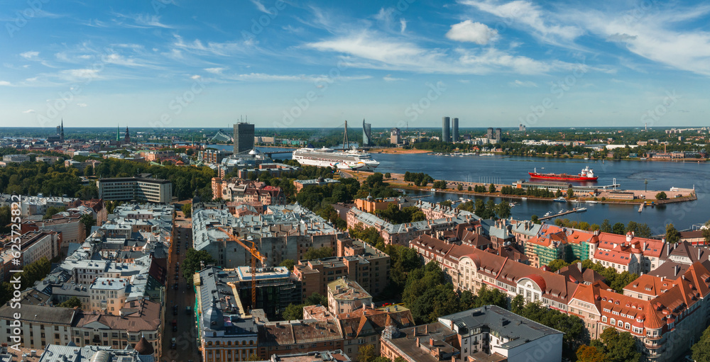 Summer sunset in Riga, Latvia. Aerial view of Riga, the capital of Latvia at sunset. Beautiful buildings, bridges and transport going through the city.
