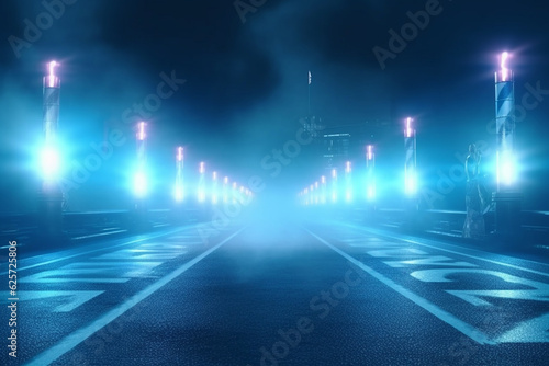 Night scene with neon lights  street and road. 3d rendering