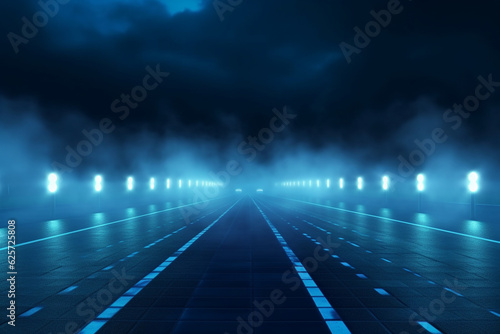 Night scene with neon lights, street and road. 3d rendering