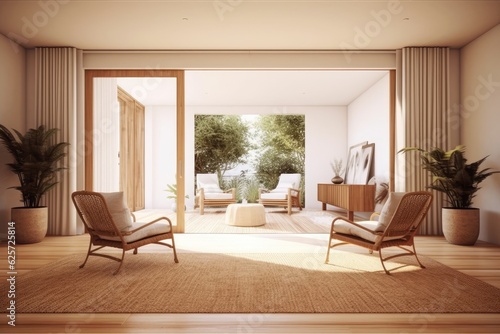 Modern interior design, architect designer concept, white folding door opening into minimalist wooden living room with rattan armchairs and rattan chest of drawers, parquet floor