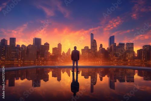 Man looking at the skyscrapers of buildings City at sunset