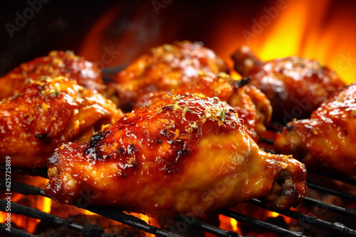 Grilled chicken legs on a barbecue grill with flames in the background