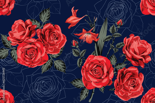 Seamless pattern red rose flowers vintage abstract background.Vector illustration drawing watercolor style.For used wallpaper  fabric pattern print design.