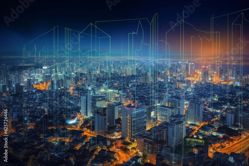 Double exposure of modern city at night. Business and technology concept.
