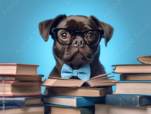 An adorable dog donning glasses and sitting in front of a stack of books, against a vivid blue backdrop, portrays a whimsical and studious character full of charm.