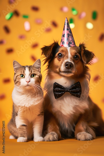Whimsical cat and dog dressed in funny party attire, showcasing their charismatic personalities against a lively and colorful background, making for an enchanting visual experience.
