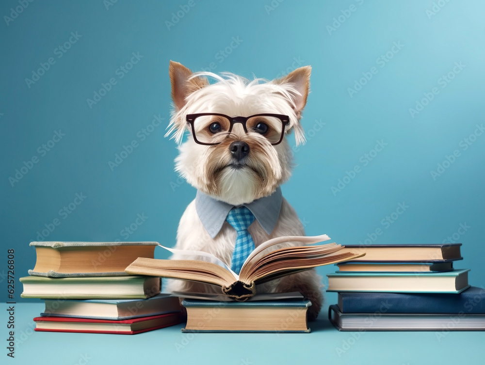 An adorable dog donning glasses and sitting in front of a stack of books, against a vivid blue backdrop, portrays a whimsical and studious character full of charm. An adorable dog donning glasses and sitting in front of a stack of books, against a vivid blue backdrop, portrays a whimsical and studious character full of charm.