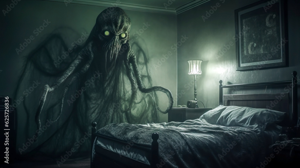 In a spooky Halloween illustration, a ghost hovers eerily in a bedroom ...
