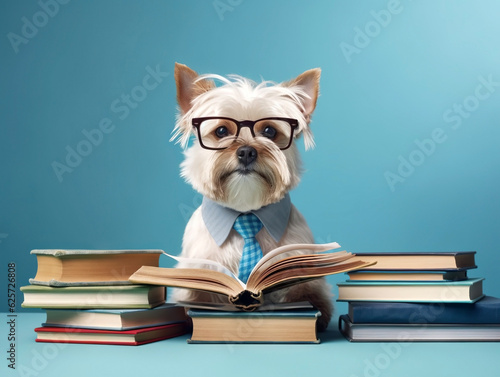 An adorable dog donning glasses and sitting in front of a stack of books, against a vivid blue backdrop, portrays a whimsical and studious character full of charm.