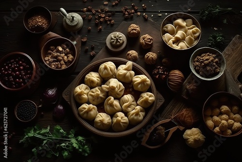 Traditional Georgian cuisine background. Khinkali, phali, chahokhbili, lobio, cheese, eggplant rolls on dark background