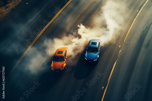 Racing car accident on the road with smoke in the air.