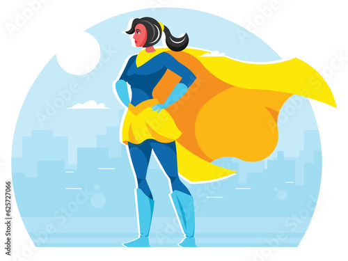 A woman in a superhero dress stands on a roof against the background of the city. The superheroine is watching the city. Vector graphics