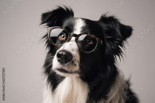 Portrait of a beautiful border collie wearing glasses on a white background. Front view cute dog sitting with glasses. Realistic 3D illustration. Generative AI © Vagner Castro