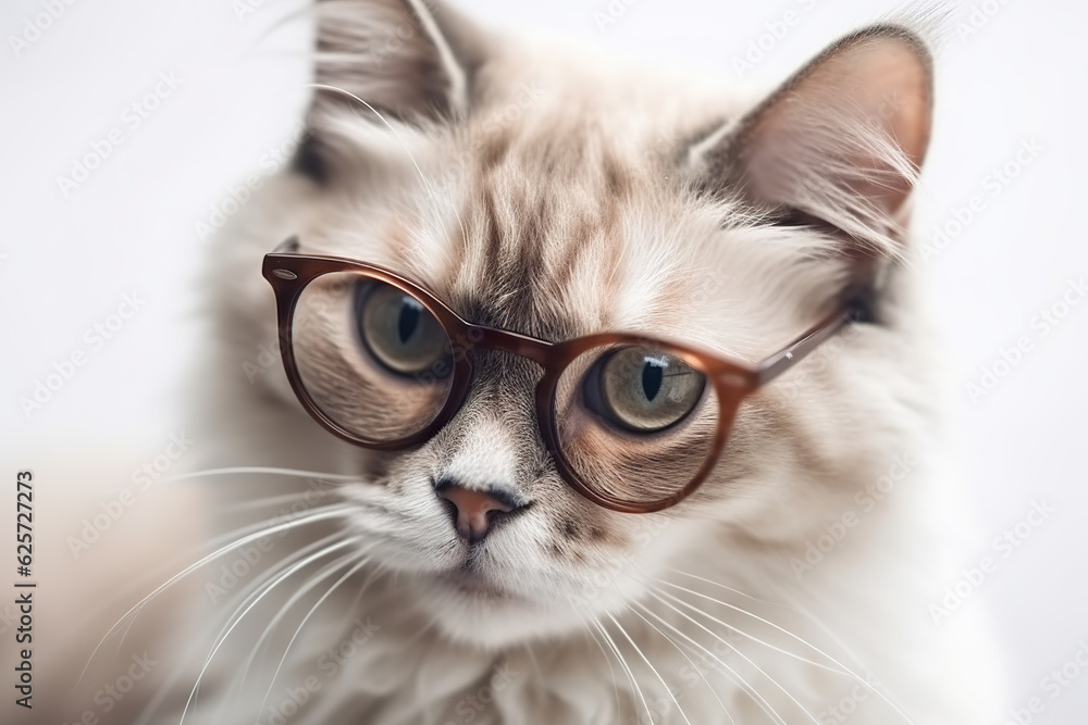 Portrait of a beautiful cute kitten wearing glasses on a white background. Front view cute cat sitting with glasses. Beauty pet. Realistic 3D illustration. Generative AI