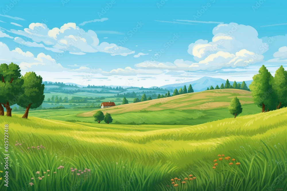 Summer landscape with green meadow, forest and blue sky. Vector illustration.
