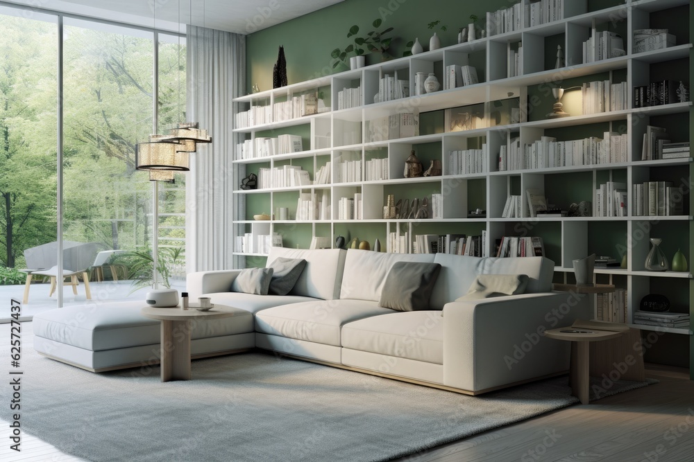 Interior Mockup and Scene Built-in shelving, an L-shaped sofa mounted on the wall, white, and light green are used to design the living area.