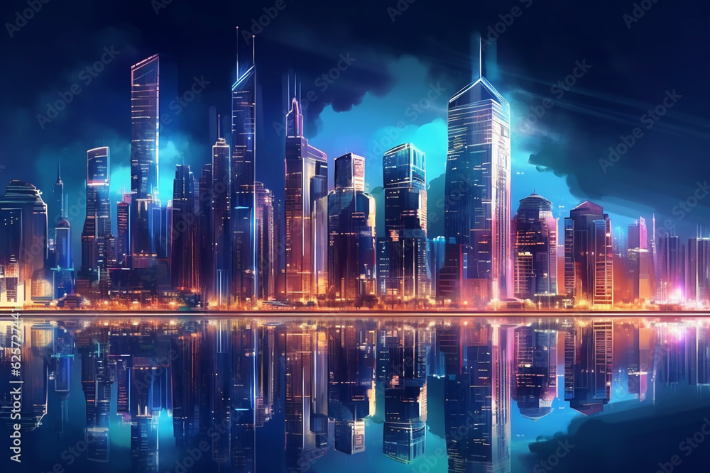 Night view of skyscrapers in futuristic illustration