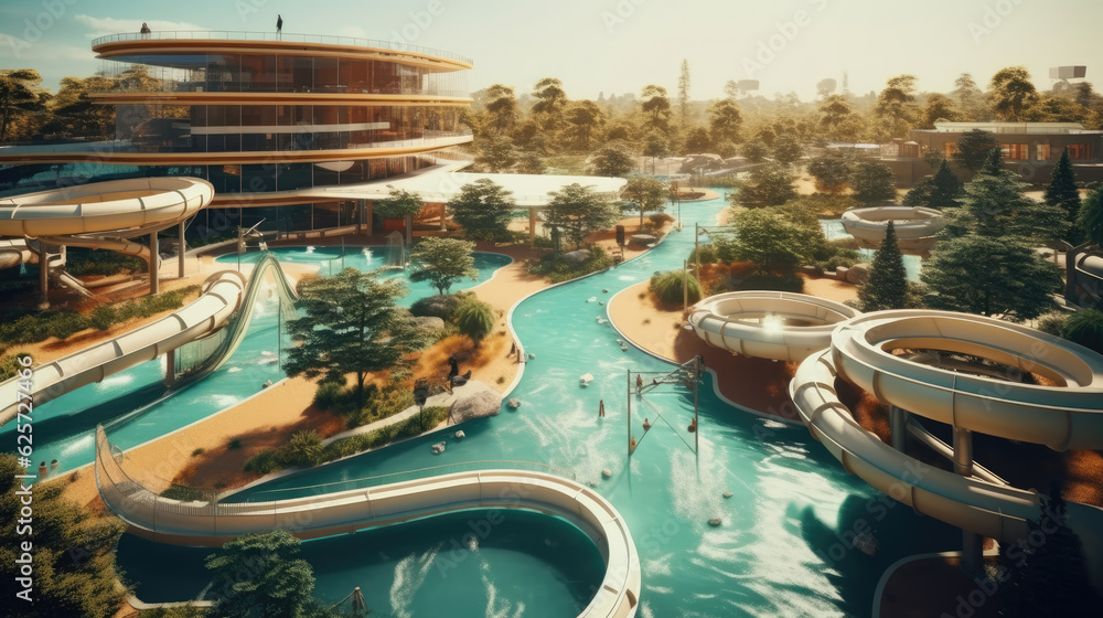 Waterpark with lots of water slide rides and fun games Photos | Adobe Stock
