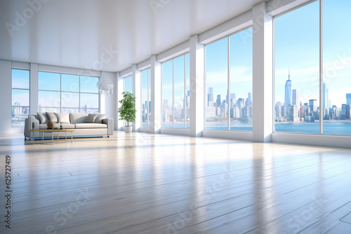 Empty white room with panoramic city view. 3D Rendering