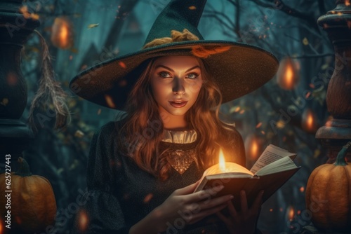 Halloween witch with magic book of spells. She is in front of pumpkins and candles , creating a mystic atmosphere for doing witchcraft. Spooky background of the dark magical forest. Generative AI