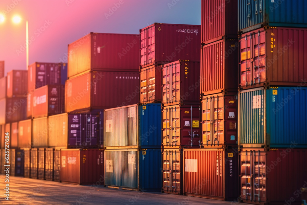 Fototapeta premium Cargo containers in a port at night. 3D Rendering