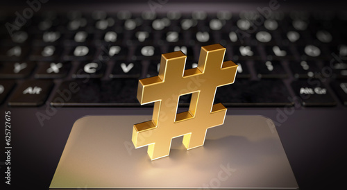 Hashtag symbol on business laptop computer - 3D Image