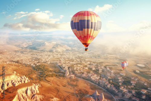 Hot air balloon flying over Cappadocia, Turkey.