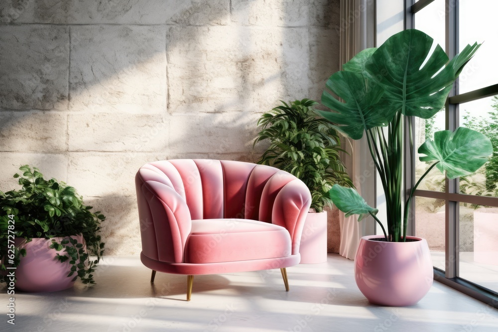 Fototapeta premium A modern living area with a pink armchair, a plant, and a coffee table covered with flowers. Mockup of the interior of the living room. Stylish modern space with lots of natural light.