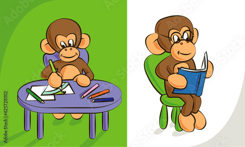 Ape character drawing and reading with pencils and book_ilustration vector