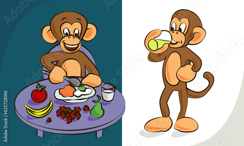 Ape character eating dinner and fruits and drinking juice _ilustration vector