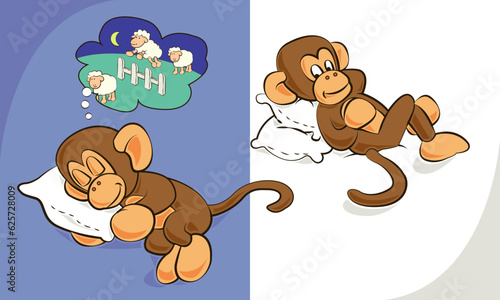 Ape character resting on pillow and sleeping counting sheeps_ilustration vector