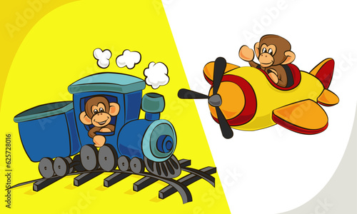 Ape character on train and airplain _ilustration vector