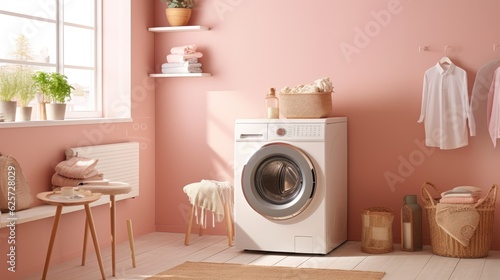 Photo of washing machine standing in a laundry room in a modern minimalist home
