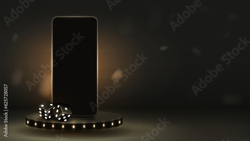 3d smartphone on a black podium with poker dice. A concept for a casino with a mobile phone on a platform with a golden background.