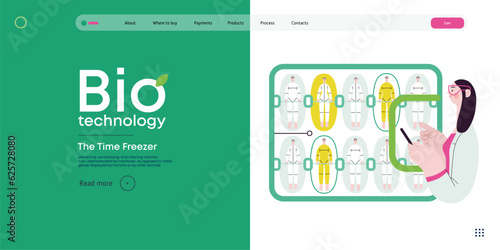 Bio Technology, Cryocapsule Time Freezer -modern flat vector concept illustration of futuristic cryocapsules resembling frozen time vaults. Metaphor of preserving life, time through cryonic technology