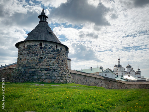 Old defensive tower on the hill in Solovetski monastery, Solovki, Russia, June 2019