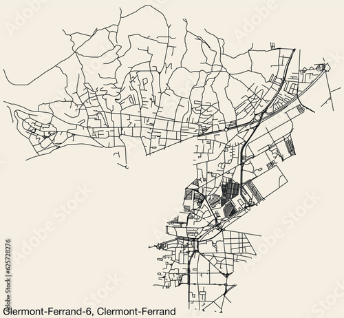 Detailed hand-drawn navigational urban street roads map of the CLERMONT-FERRAND-6 CANTON of the French city of CLERMONT-FERRAND, France with vivid road lines and name tag on solid background