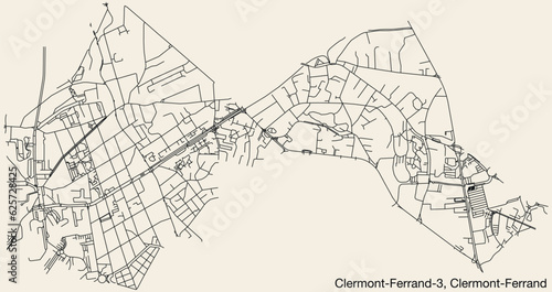 Detailed hand-drawn navigational urban street roads map of the CLERMONT-FERRAND-3 CANTON of the French city of CLERMONT-FERRAND, France with vivid road lines and name tag on solid background