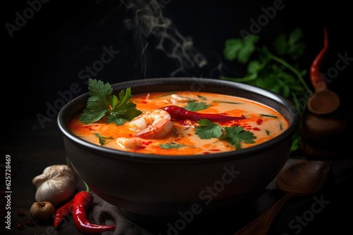 Tom Yam kung Spicy Thai soup with shrimp, seafood, coconut milk and chili pepper in bowl